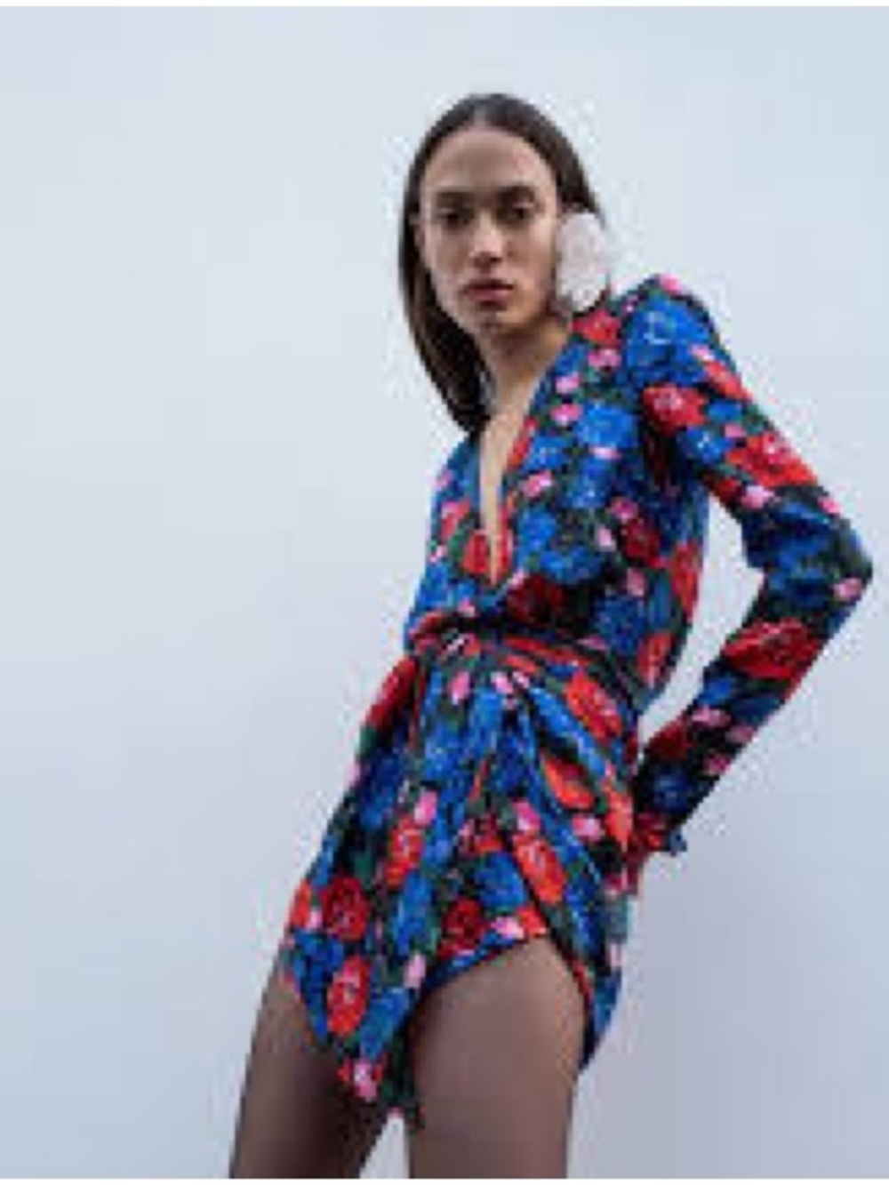 Floral Wrap-Front Long Sleeve Bodysuit in Blue and Red